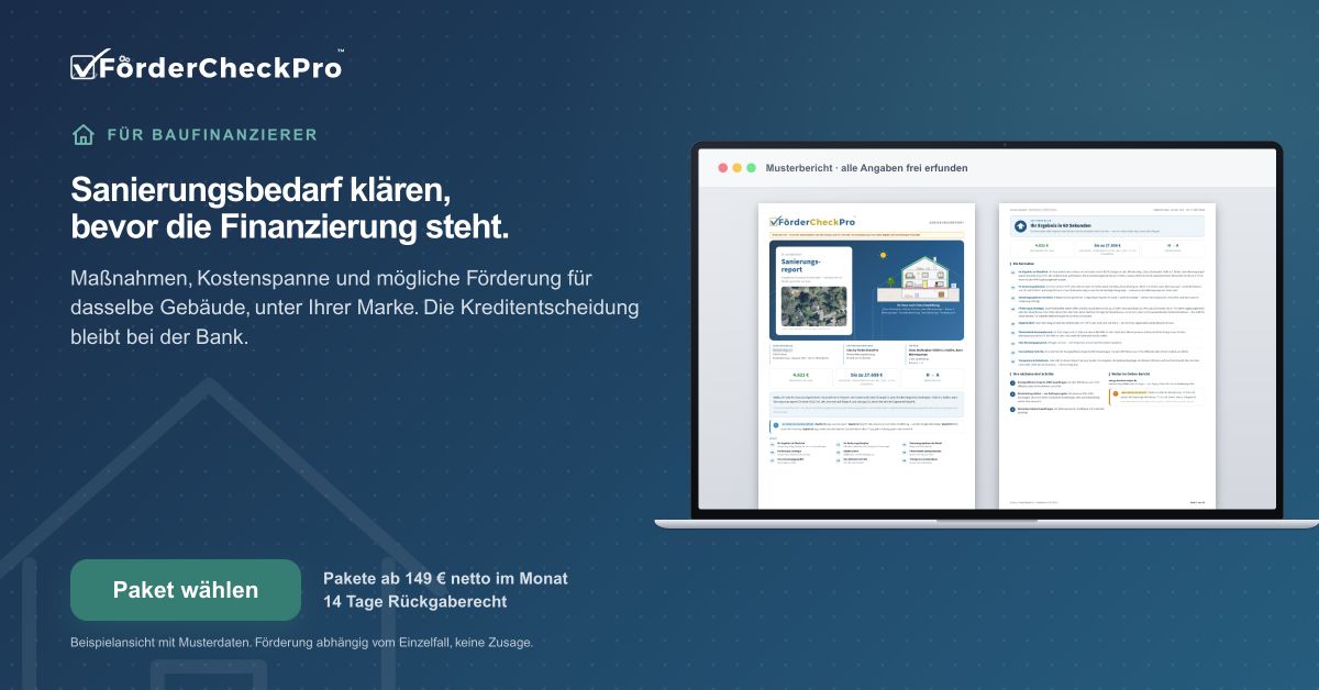 Banner für Baufinanzierer: Sanierungsbedarf klären, bevor die Finanzierung steht.
