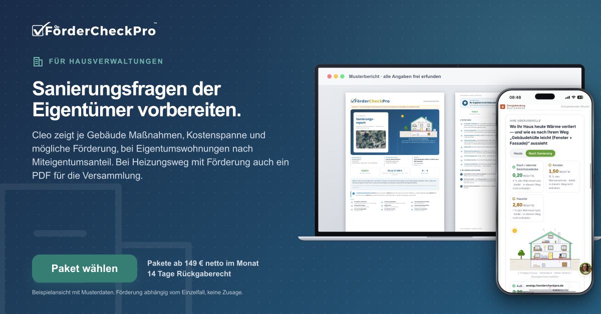Banner für Hausverwaltungen und WEG-Verwalter: Sanierungsfragen der Eigentümer vorbereiten.
