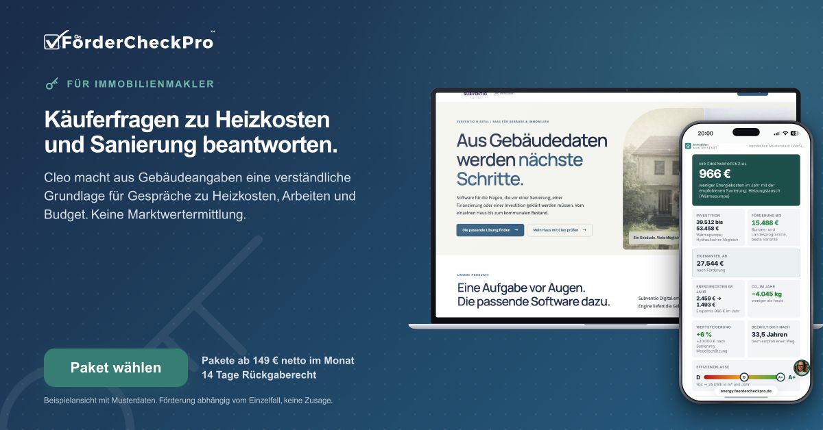 Banner für Immobilienmakler: Käuferfragen zu Heizkosten und Sanierung beantworten.