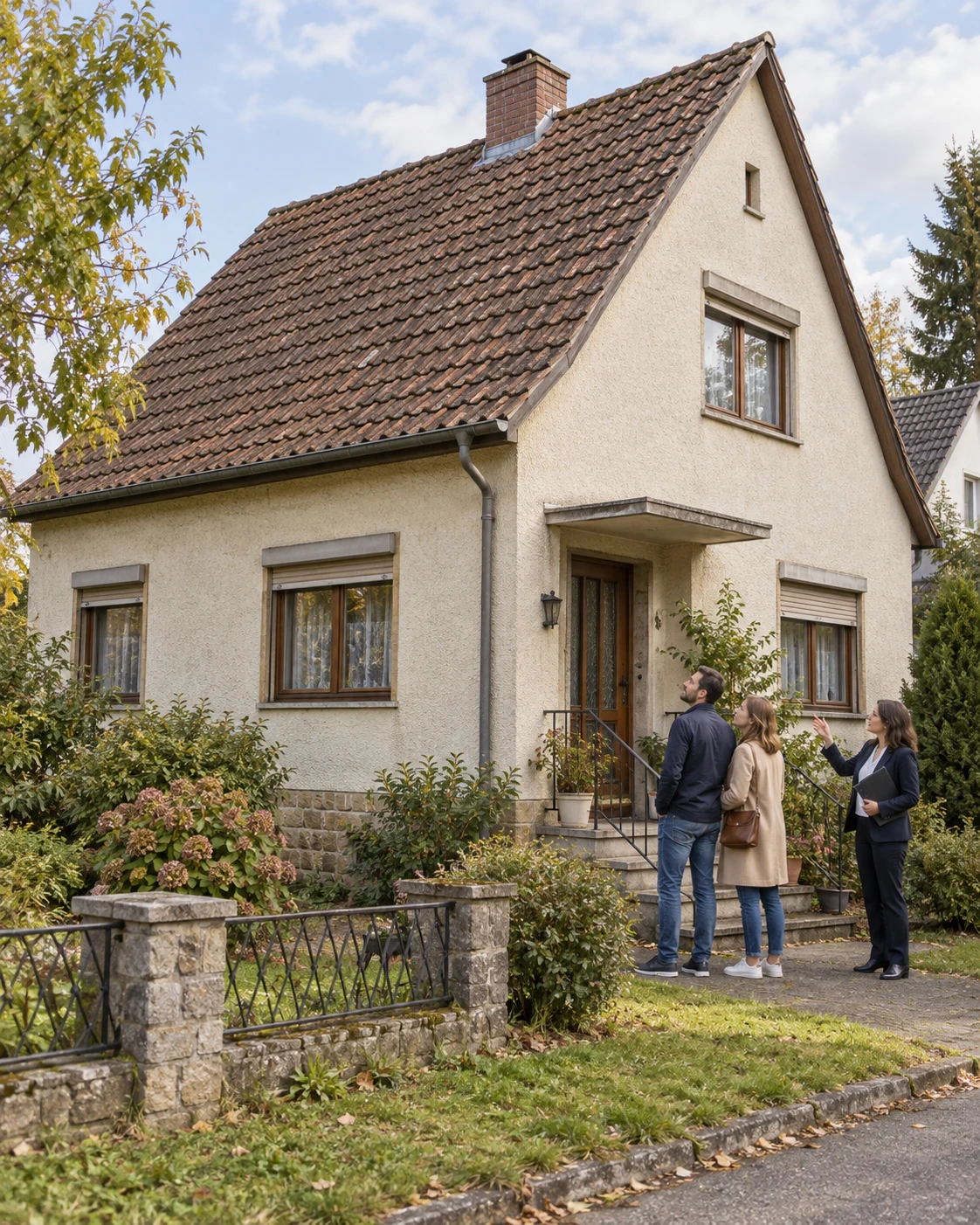 KI-Symbolbild: Maklerin und Kaufinteressenten betrachten ein älteres Einfamilienhaus mit gealtertem Dach, Putzfassade und Holzfenstern