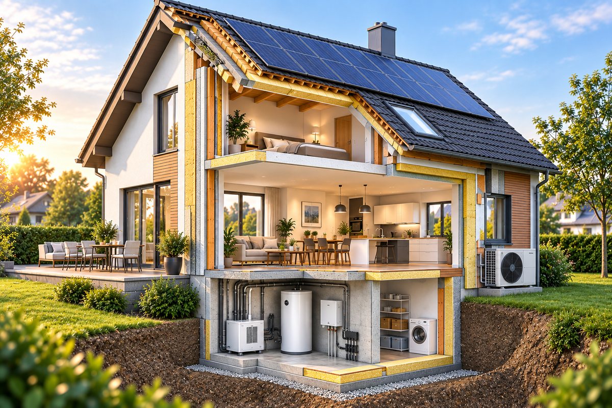 Illustration eines modernisierten Hauses mit Dämmung, Photovoltaik und Wärmepumpe