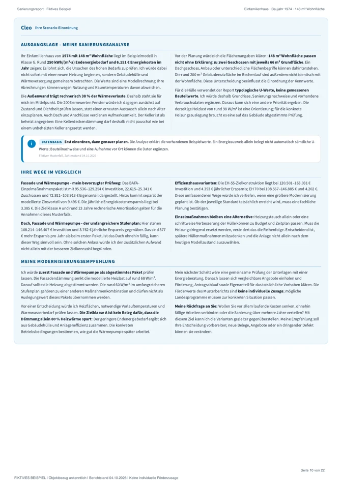 Seite 10 des Musterreports: Cleo erklärt Sanierungsanalyse und Modernisierungsempfehlung in zwei Spalten