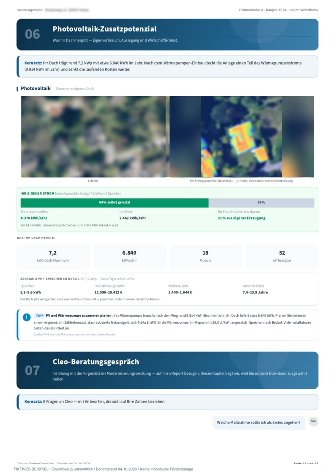 Seite 16 des Musterreports: PV-Potenzial mit weichgezeichnetem Luftbild und farbiger Heatmap