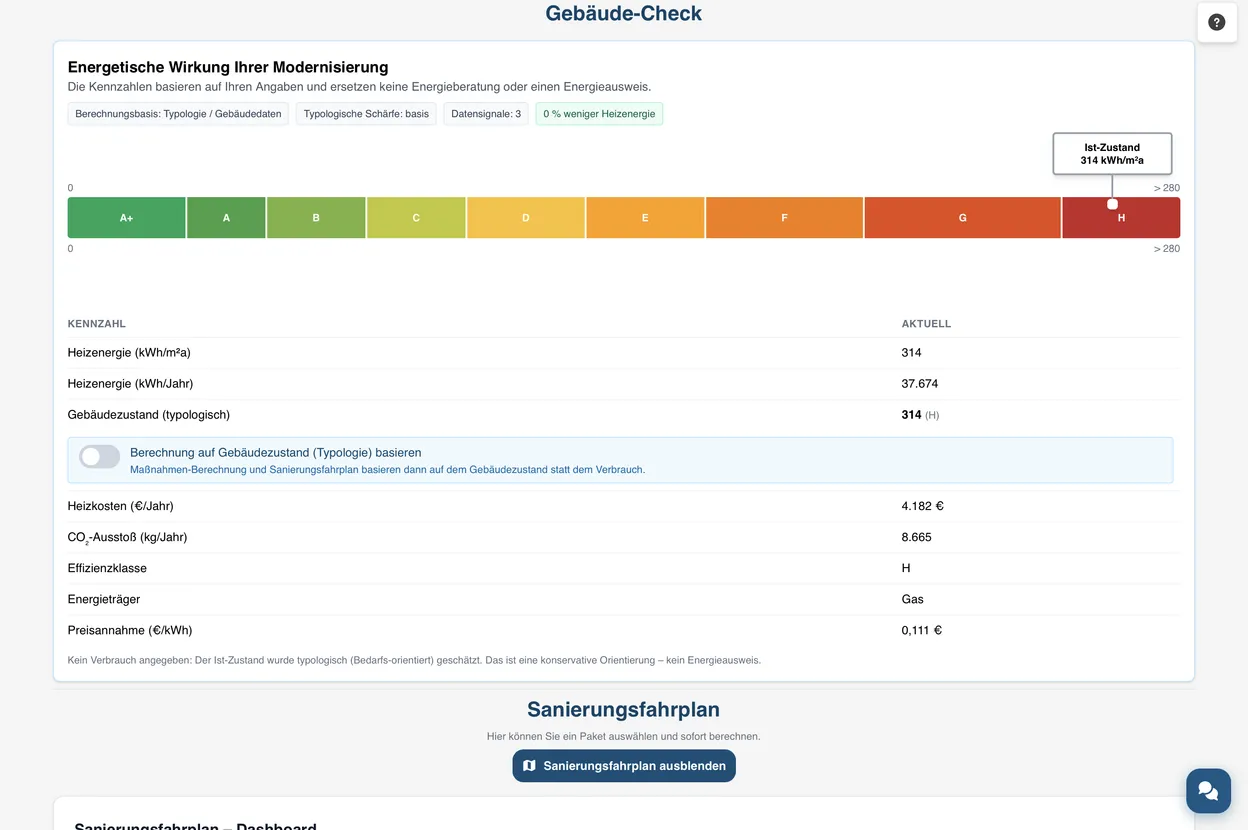 FörderCheckPro-Rechner: energetische Wirkung der Modernisierung mit Effizienzklassen-Skala (A+ bis H) und Kennzahlen (Heizenergie, Effizienzklasse, CO₂) – reiner Rechner, keine Kundendaten