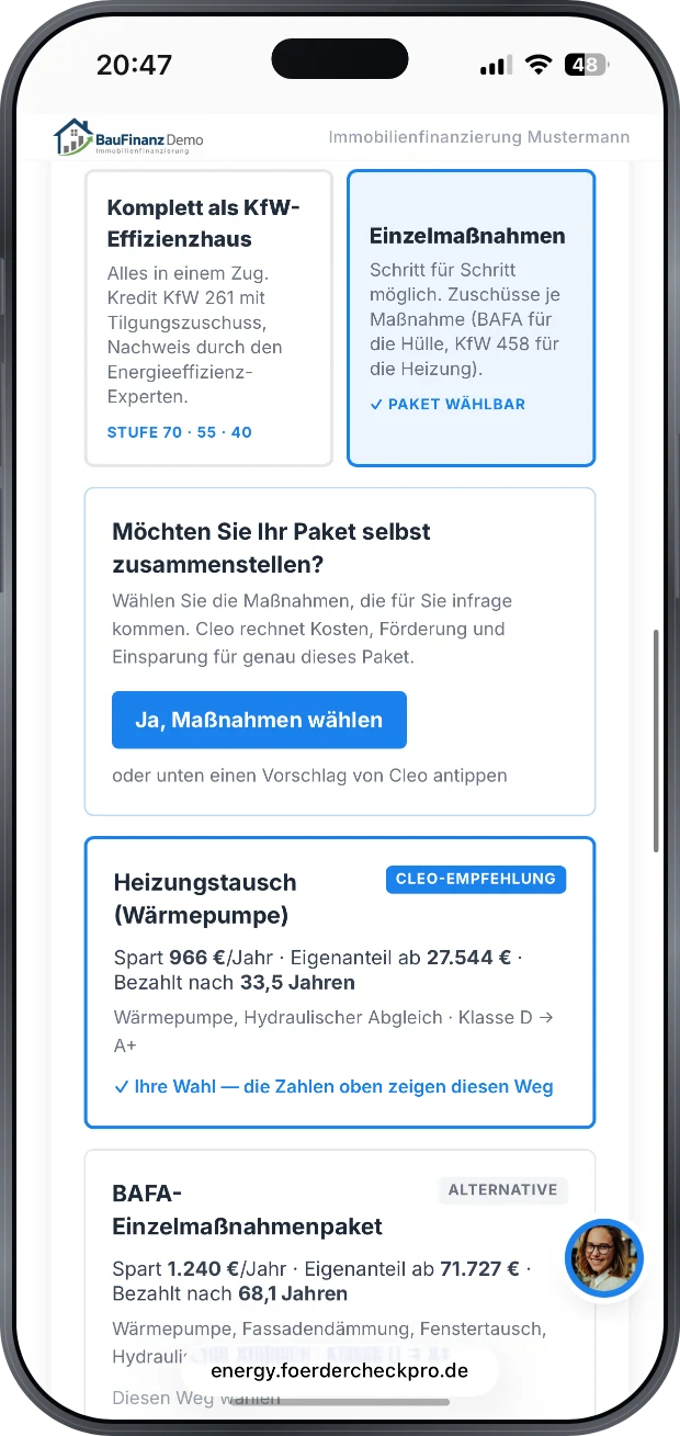 Sanierungswege im Vergleich: komplett als KfW-Effizienzhaus mit Stufe 70, 55 oder 40, Einzelmaßnahmen nach BAFA, ein eigenes Paket, darunter die Cleo-Empfehlung Heizungstausch mit 966 Euro Ersparnis im Jahr und Eigenanteil ab 27.544 Euro