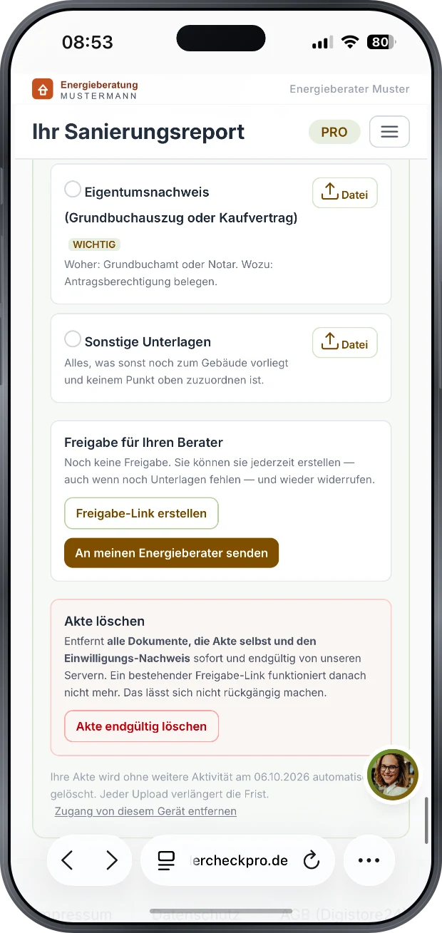 Cleo-Unterlagenakte: Eigentumsnachweis, weitere Unterlagen und freiwillige Freigabe für den Energieberater