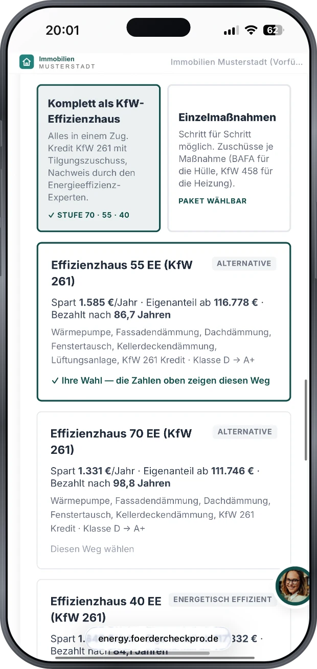 Sanierungswege im Vergleich: Komplett als KfW-Effizienzhaus mit Stufe 70, 55 oder 40, Einzelmaßnahmen und eigenes Paket, darunter Effizienzhaus 55 EE und Effizienzhaus 70 EE (KfW 261) mit Ersparnis im Jahr, Eigenanteil und Amortisation
