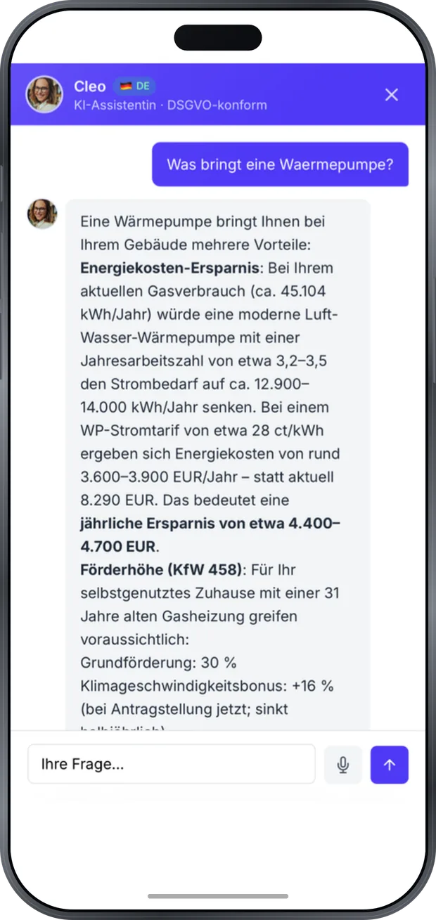 Cleo rechnet im Bericht vor: Energiekosten von 8.290 auf 3.600–3.900 Euro im Jahr, dazu Grundförderung und Klimageschwindigkeitsbonus nach KfW 458