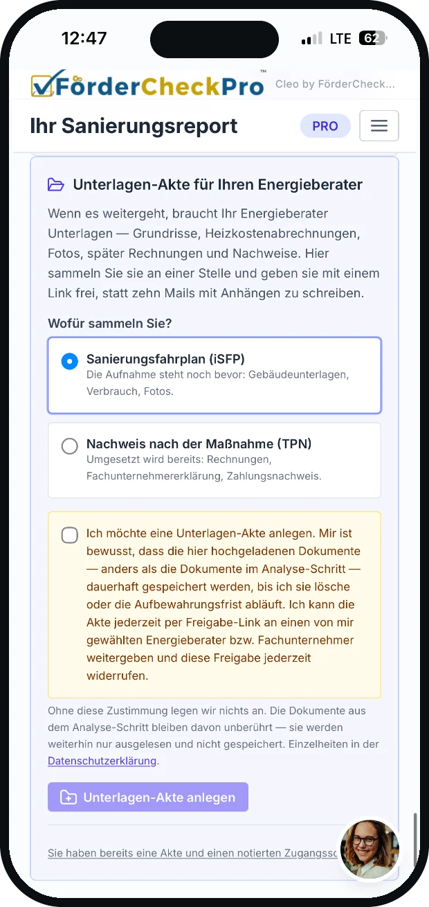 Unterlagen-Akte für den Energieberater: Grundrisse, Heizkostenabrechnungen und Nachweise an einer Stelle, freigegeben per Link statt per Mail-Anhang