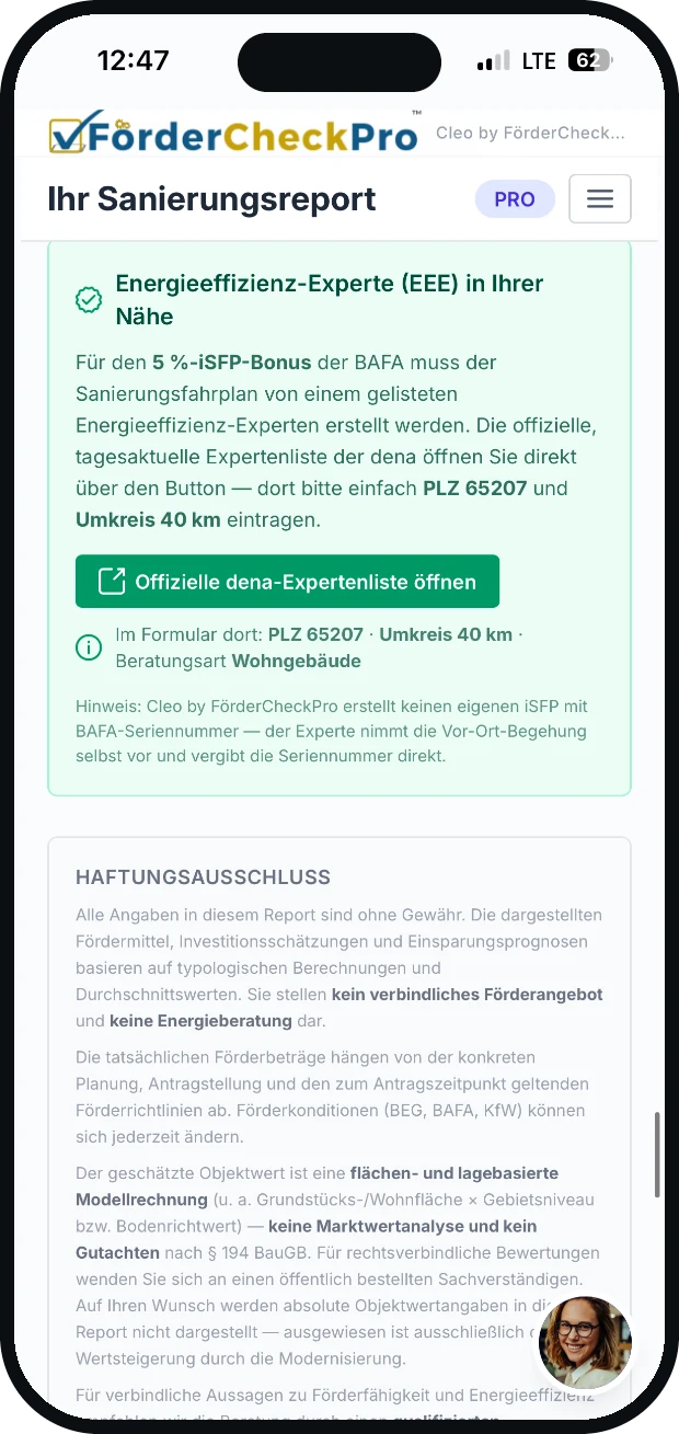 Report-Abschnitt „Energieeffizienz-Experte in Ihrer Nähe" mit Verweis auf die offizielle dena-Expertenliste und dem Hinweis, dass der iSFP vom Experten selbst erstellt wird